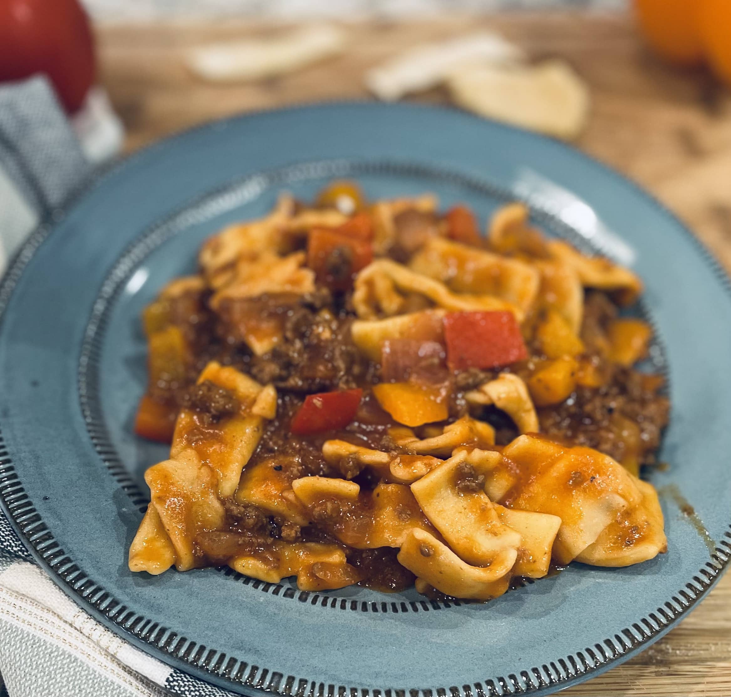 Goulash on a blue plate