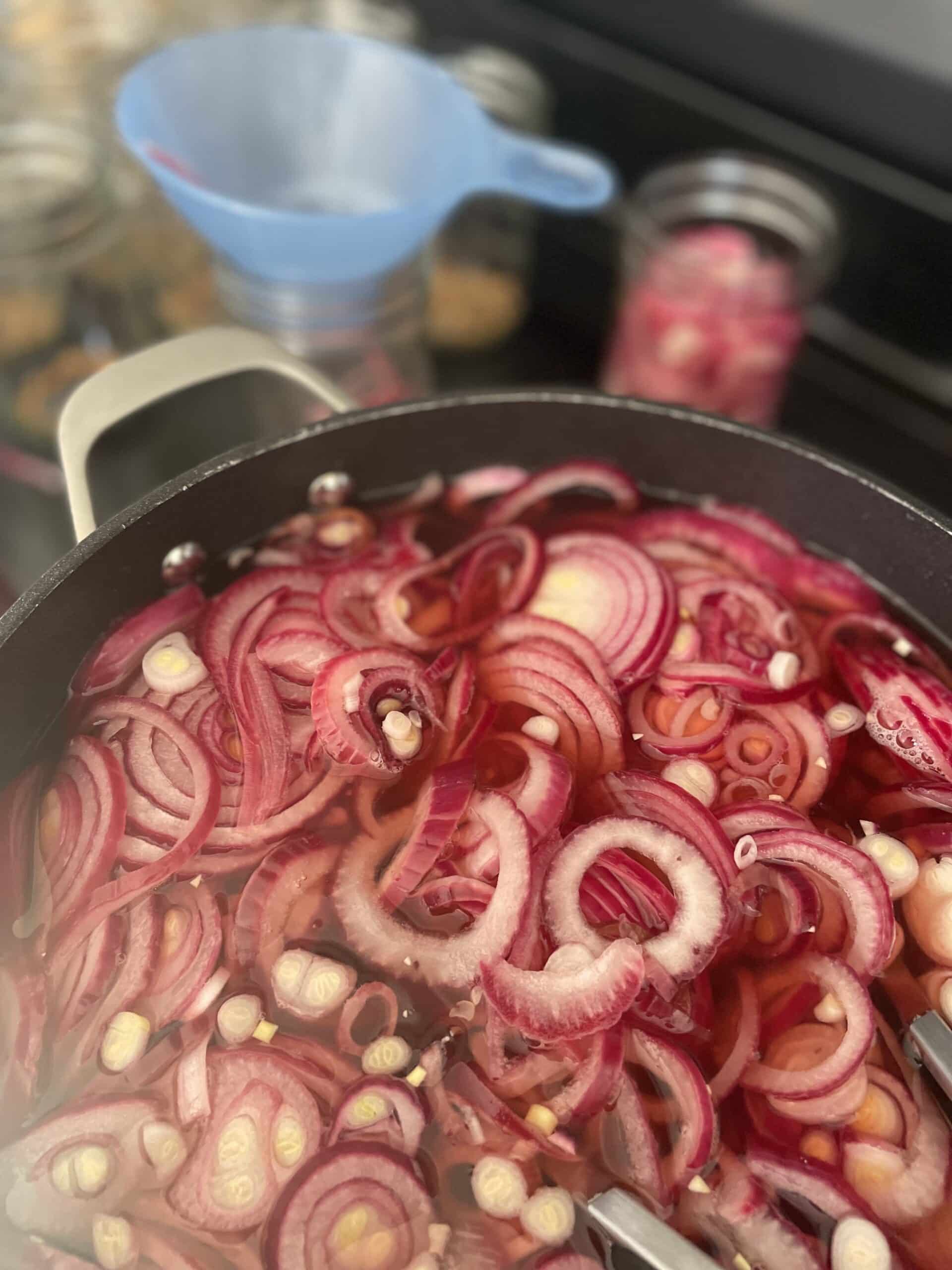 PIcked Red onions in a pot simmering