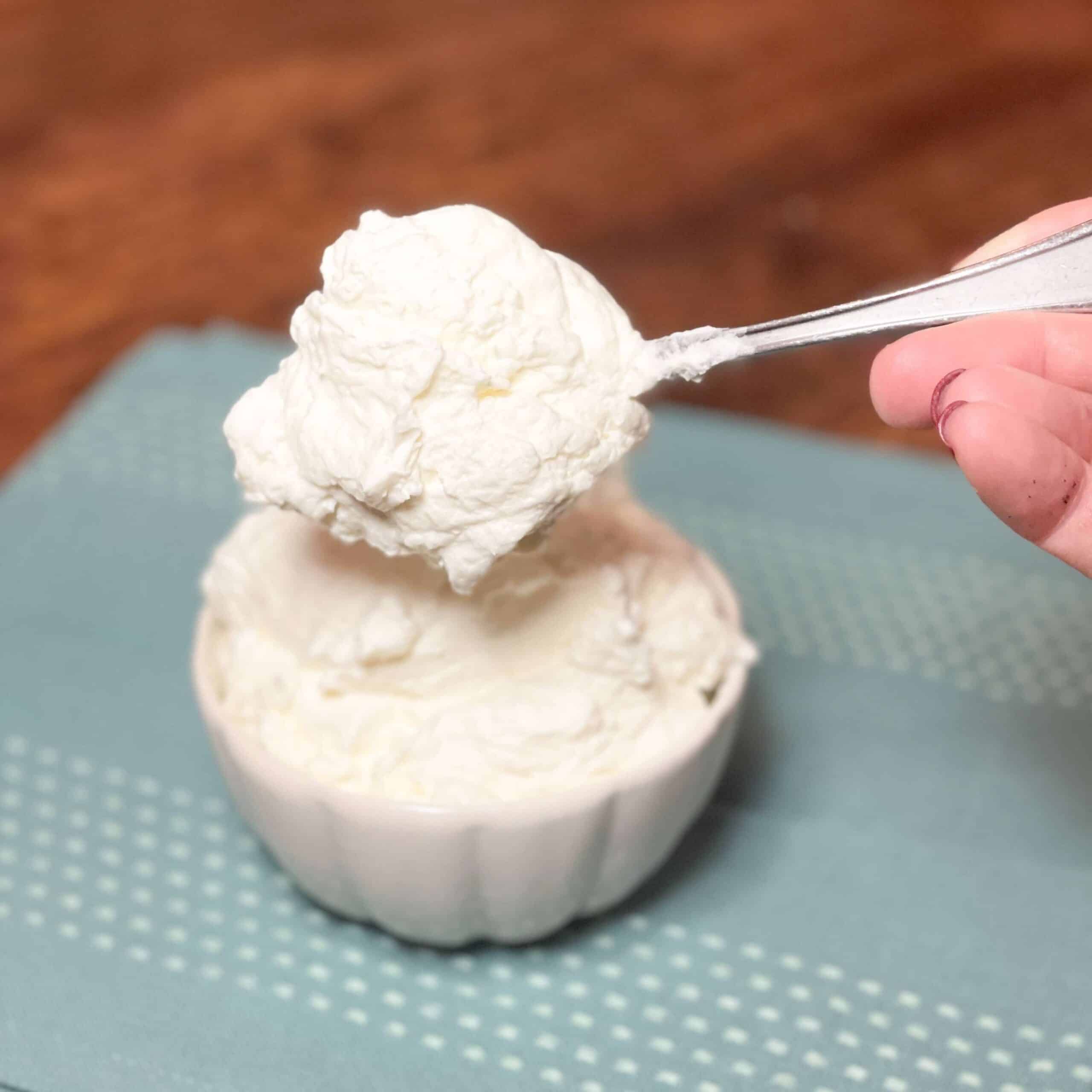 Whipped Cream Cheese ina white bowl with a spoon