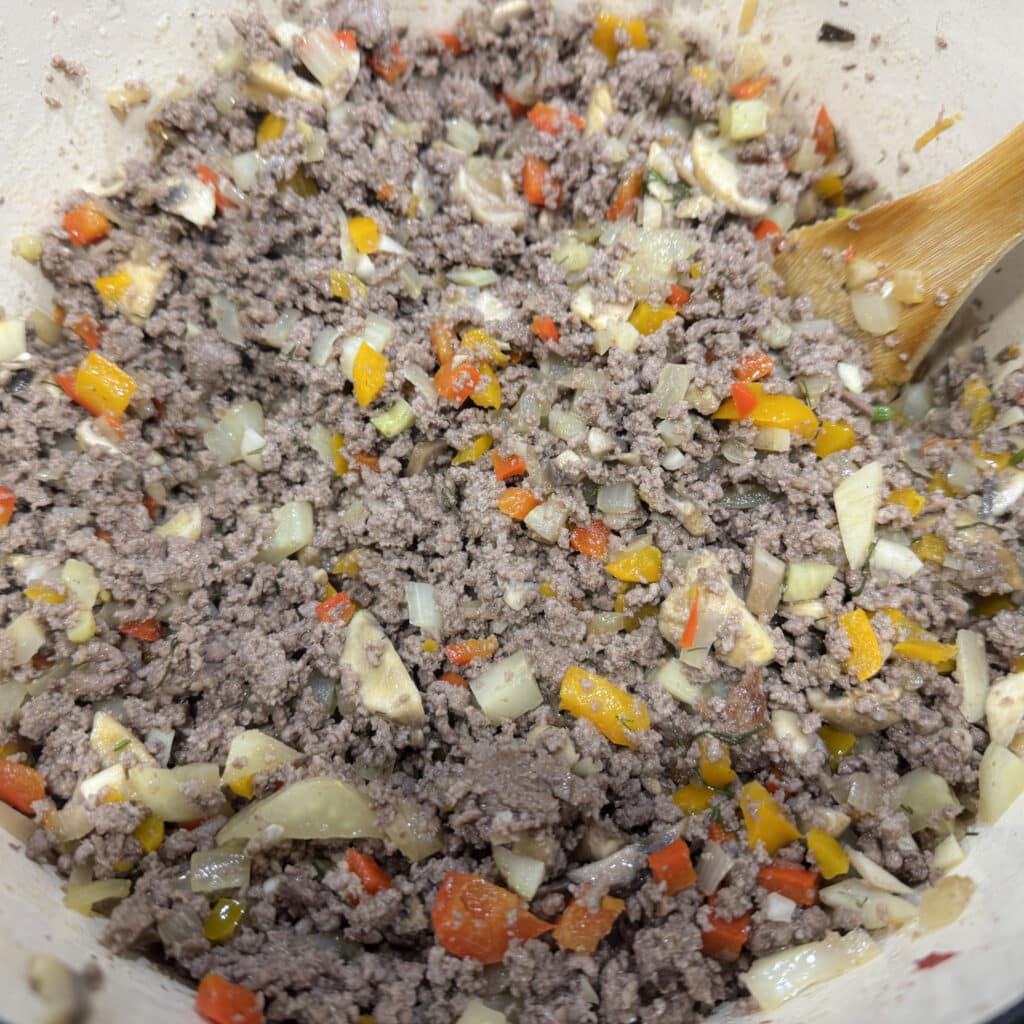 Cooked Meat and Vegetables for Homemade Sloppy Joe Sauce