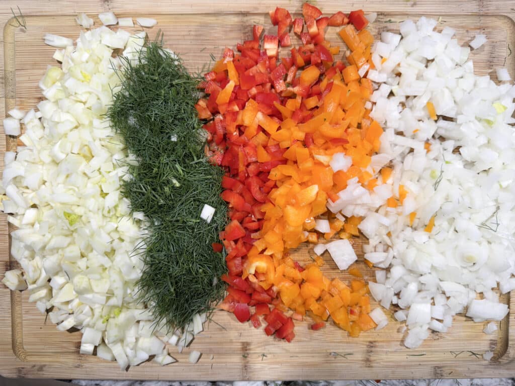 Chopped Onions, Bell Peppers and Fennel for Homemade Sloppy Joe Sauce