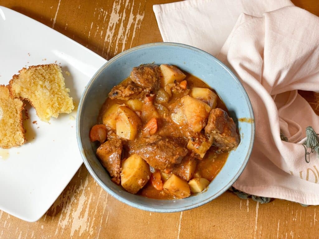 Beef Stew in a Blue Bowl
