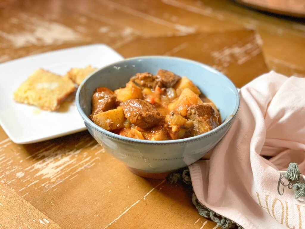 Beef Stew in Blue Bowl