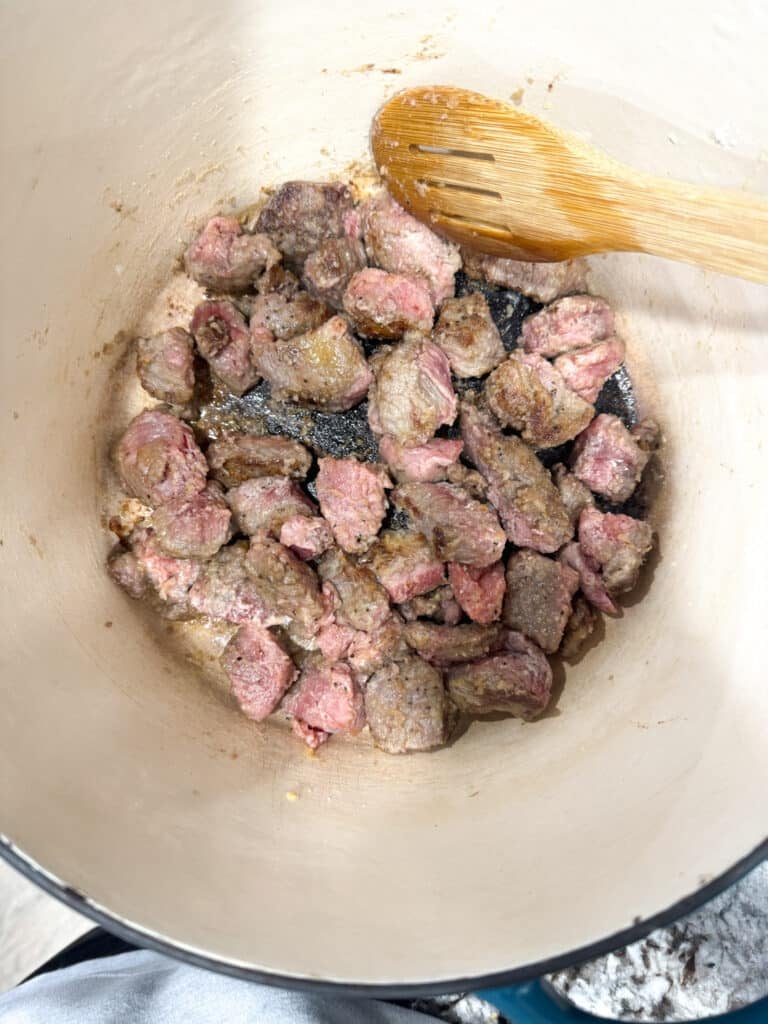 Stew Meat Searing in a Dutch Oven for Beef Stew with Stew Meat