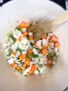 Vegetables Searing in a Dutch Oven for Beef Stew with Stew Meat
