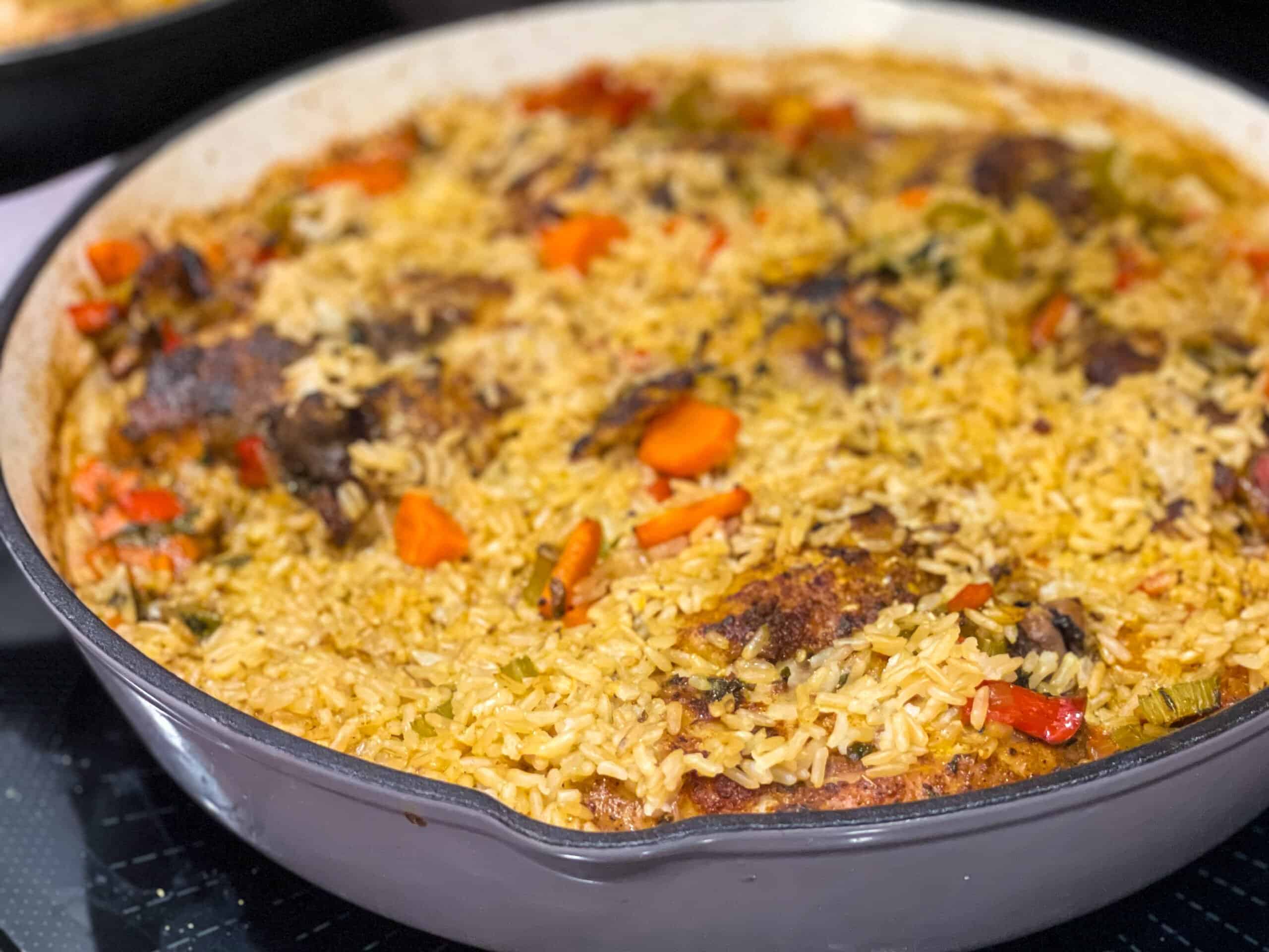 Caribbean Jerk Chicken and Rice In a Skillet