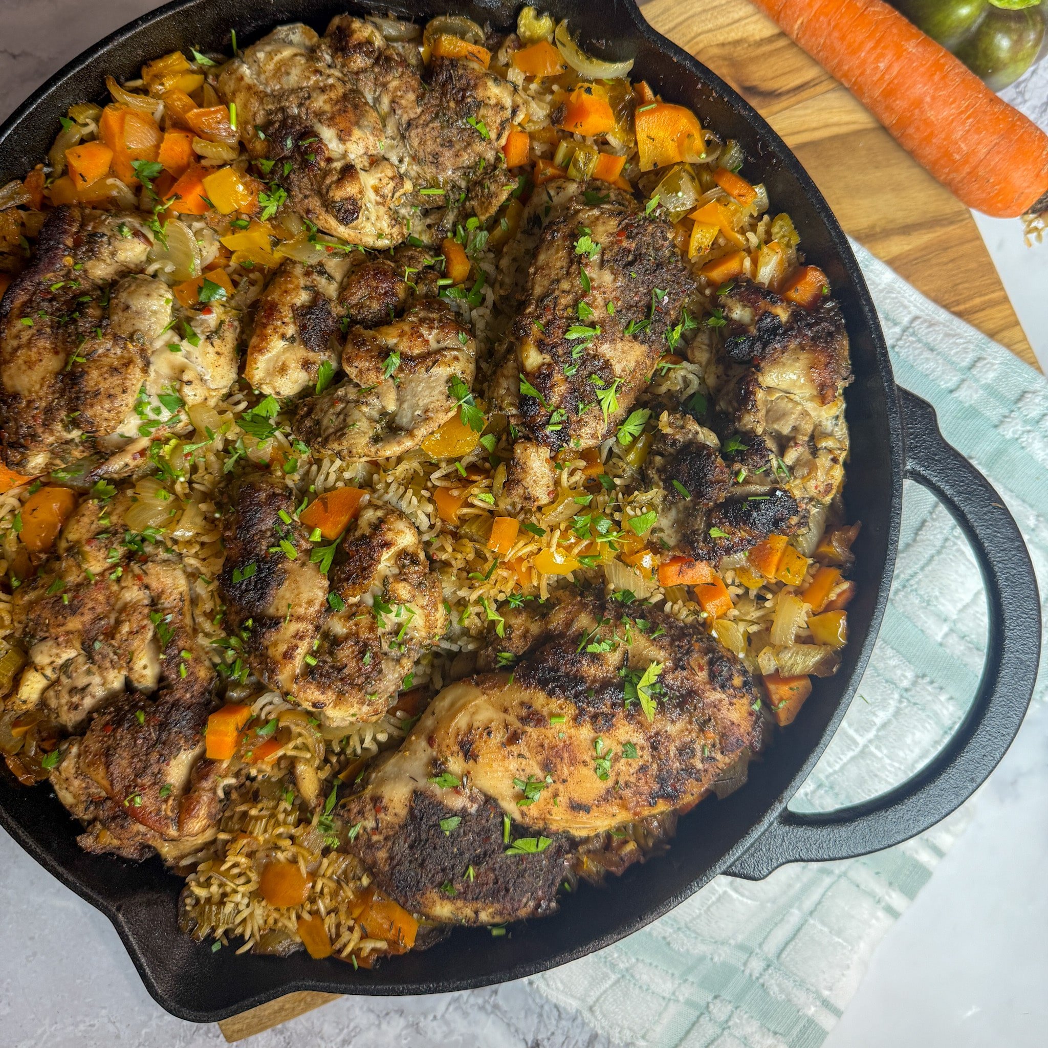 Overhead Picture of Jerk Chicken and Rice