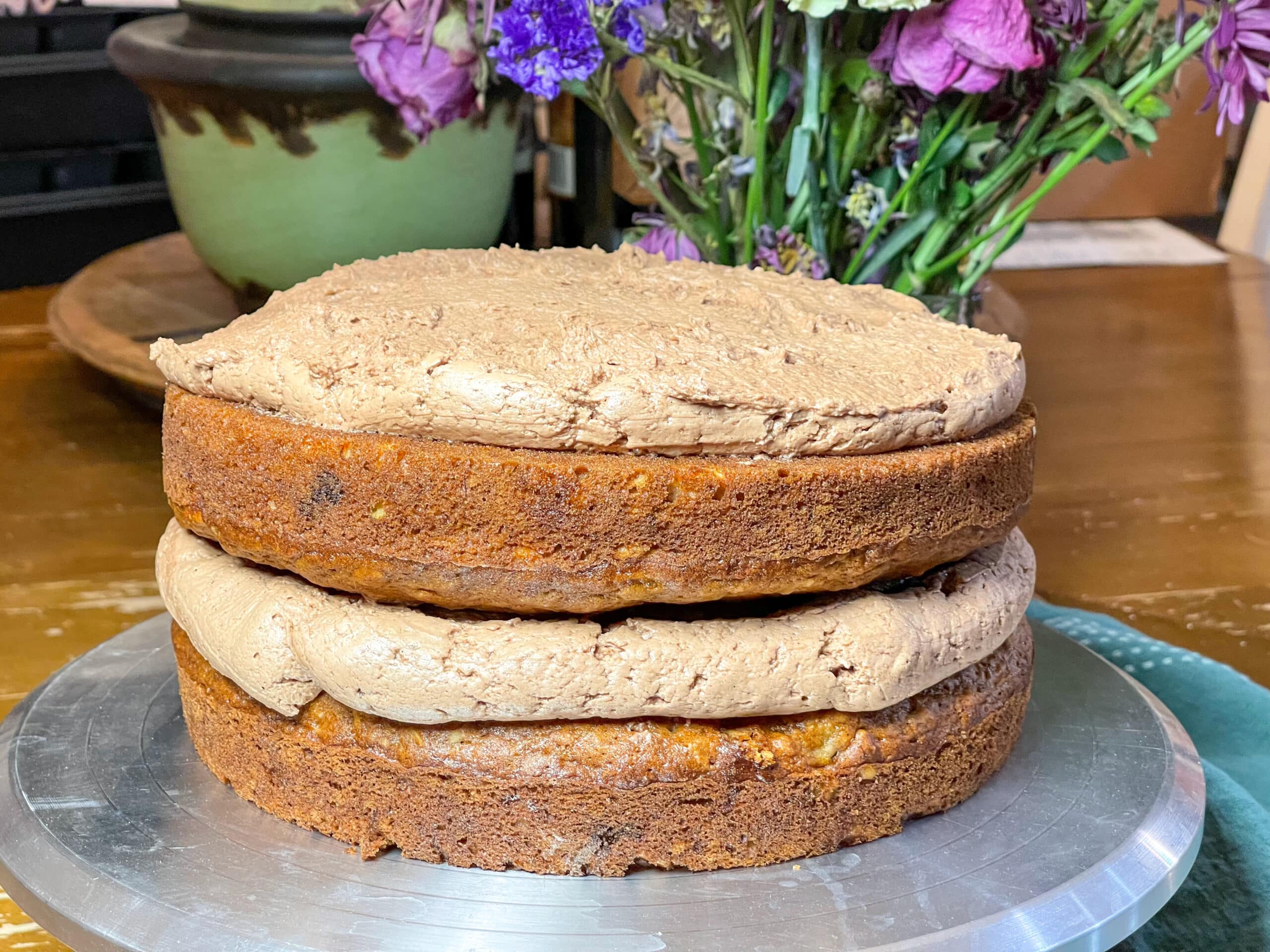 Chocolate Covered Banana Layered Cake with Milk Chocolate Ganache Frosting