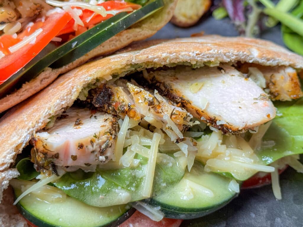 Close Up of Caeser Pesto Chicken Pita