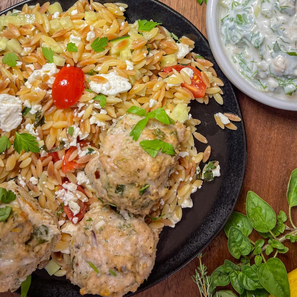 Greek Chicken Meatballs with Orzo Rice and Tzatziki