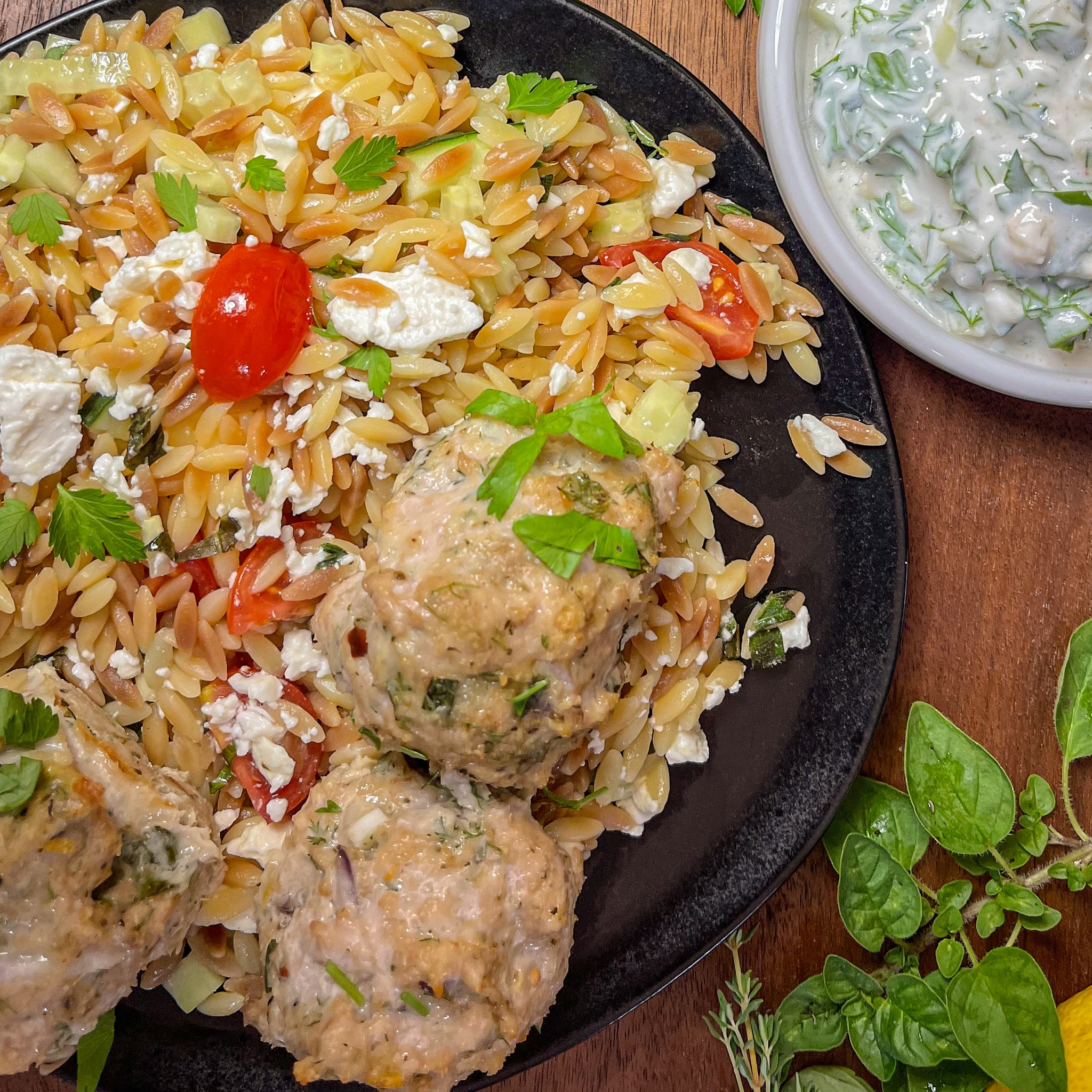 Greek Chicken Meatballs with Orzo Rice and Tzatziki