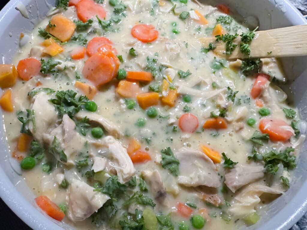 Adding Chicken to Chicken Pot Pie