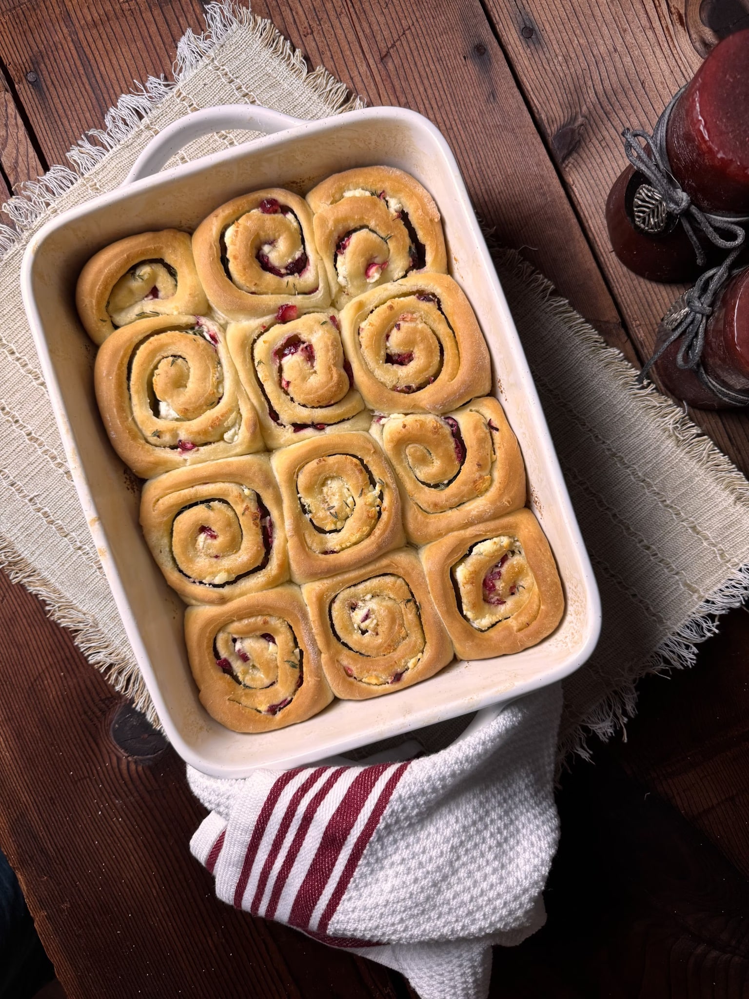 Cranberry Goat Cheese Dinner Rolls in Casserole Dish