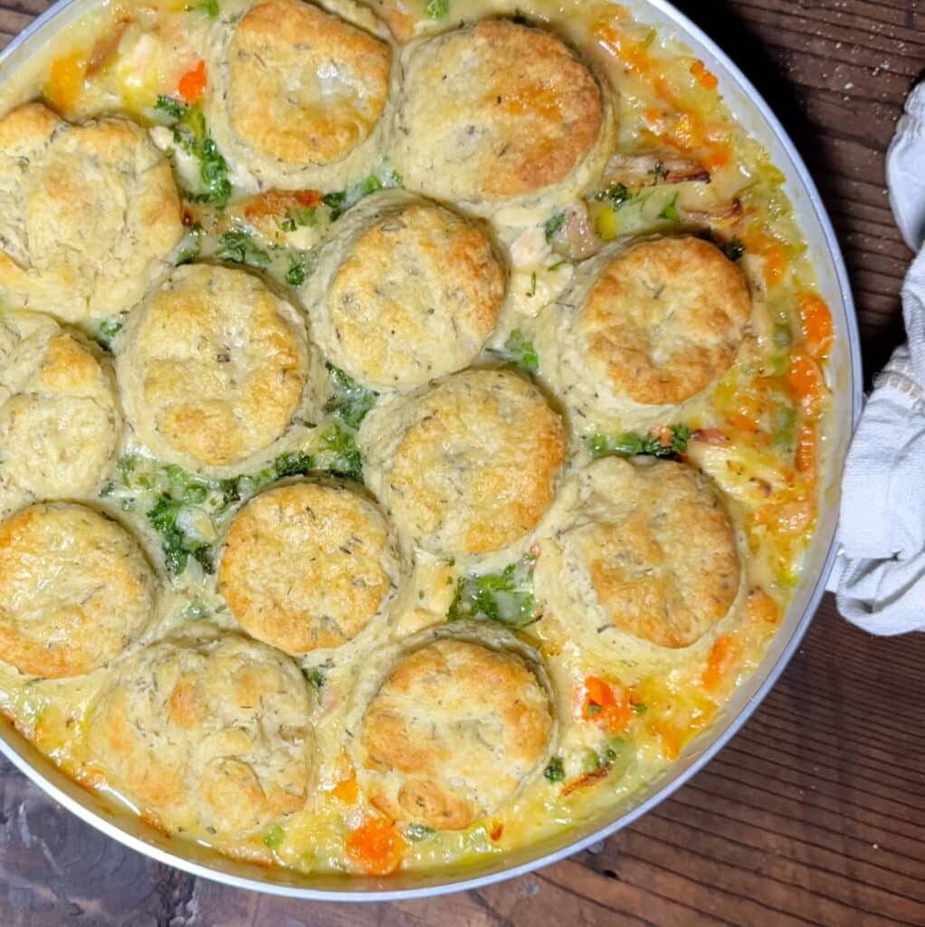Chicken Pot Pie with Rosemary Biscuits in Skillet