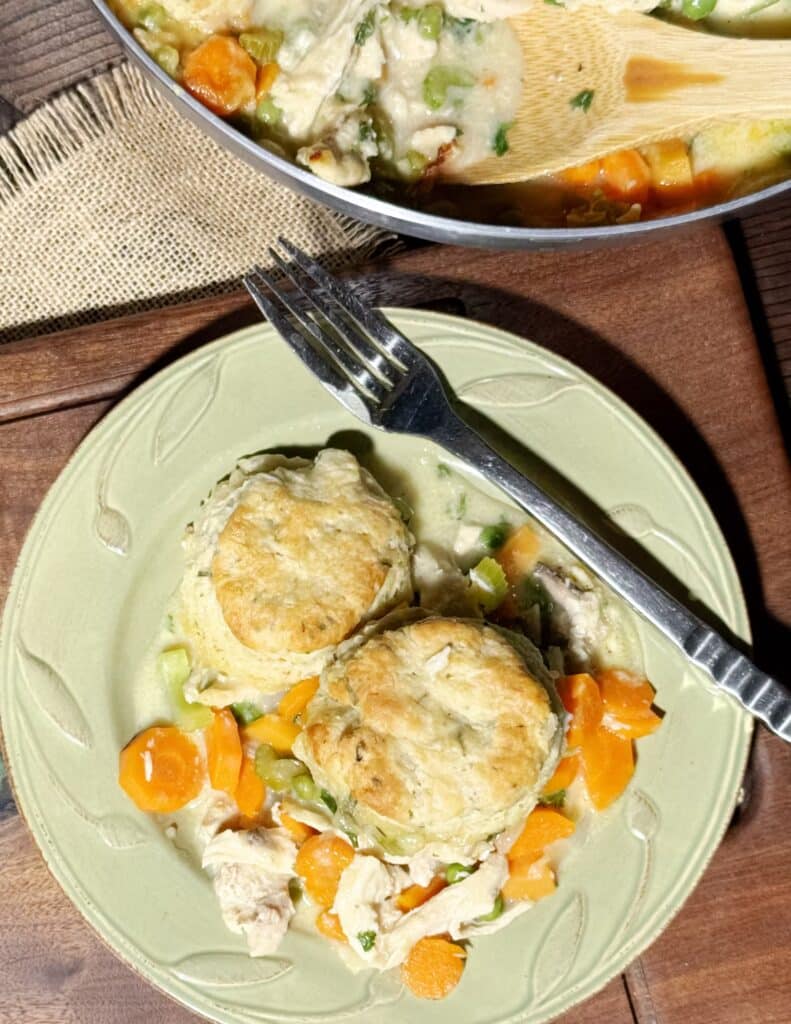 Chicken Pot Pie with Rosemary Biscuits on a Plate with Fork