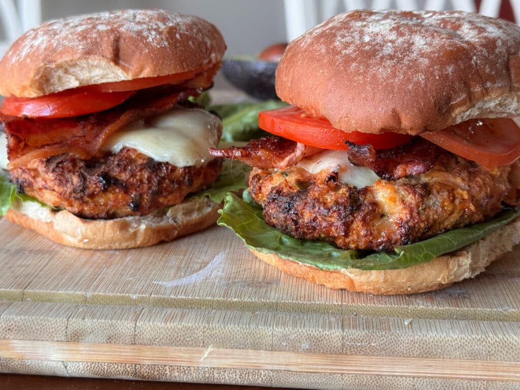Two Ranch Turkey Burgers on Cutting Board