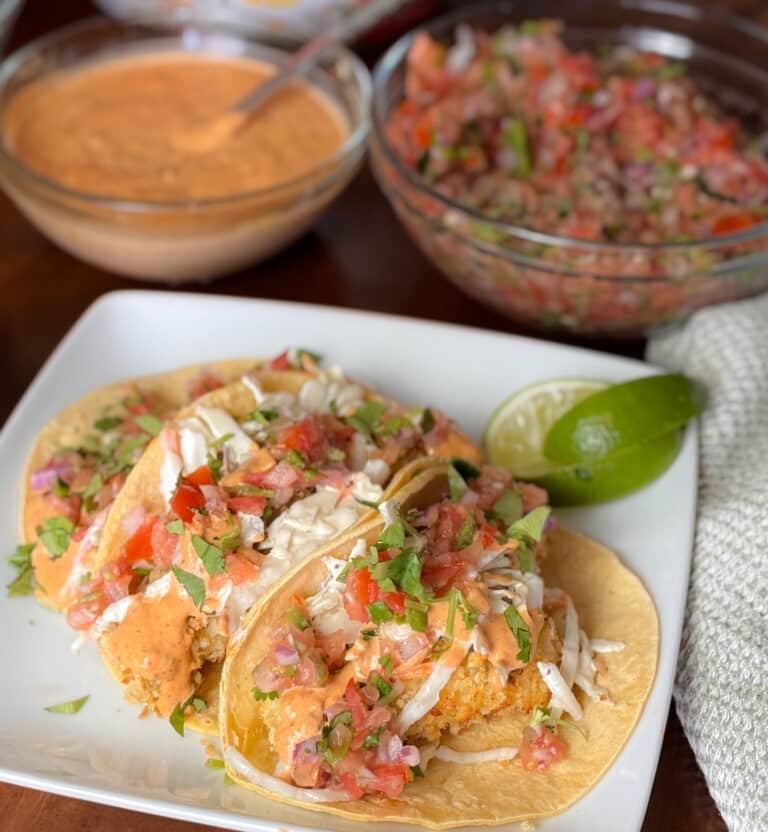 Three Baja Fish Tacos on a Plate