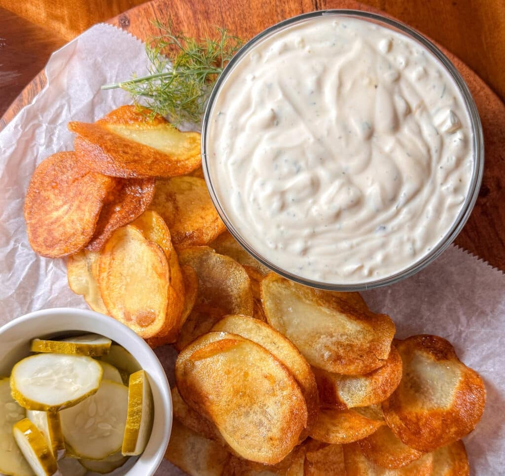 Dill Pickle Dip with Chips and Pickles