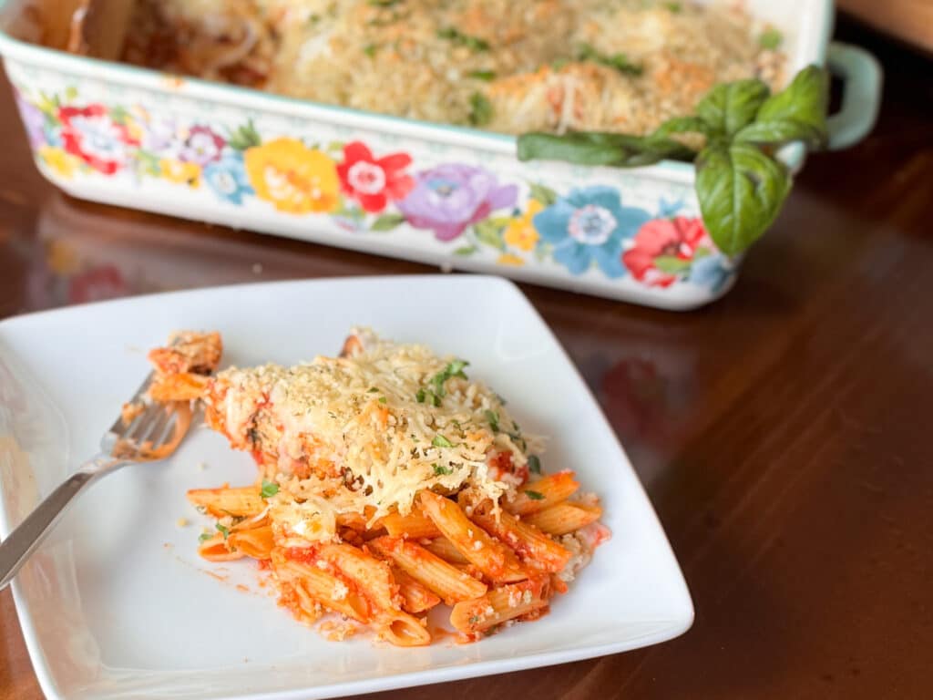 Chicken Parmesan Casserole Served on White Plate