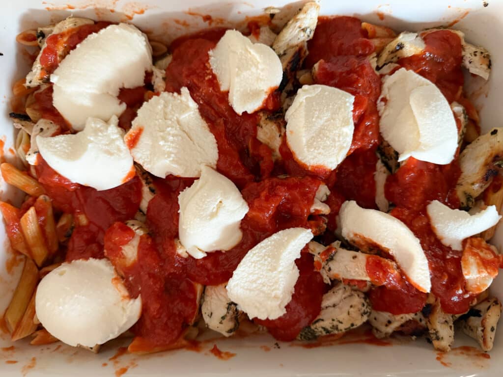 Pasta, Chicken, Sauce and Ricotta in Casserole Dish