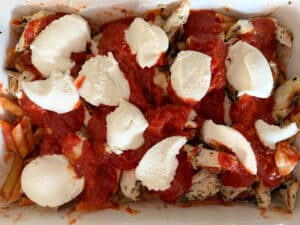 Pasta, Chicken, Sauce and Ricotta in Casserole Dish