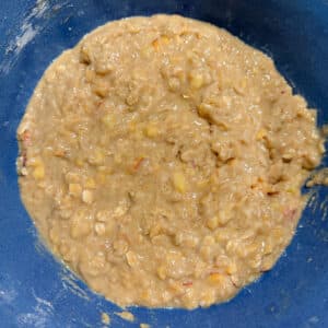 Peach Banana Oat Muffins Batter in Blue Bowl
