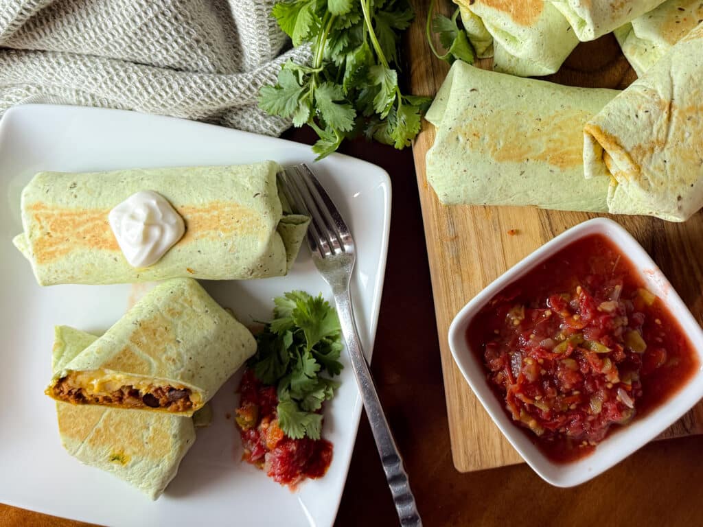 over Head Shot of Sweet Potato Black Bean Breakfast Burritos