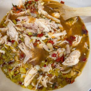 Add Poblanos and Chicken and Broth to Chicken and White Bean Chili