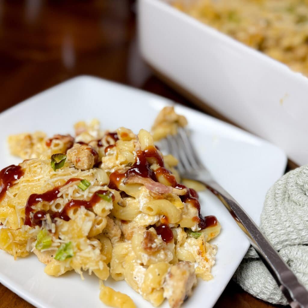 Barbecue Chicken Macaroni and Cheese on a Plate