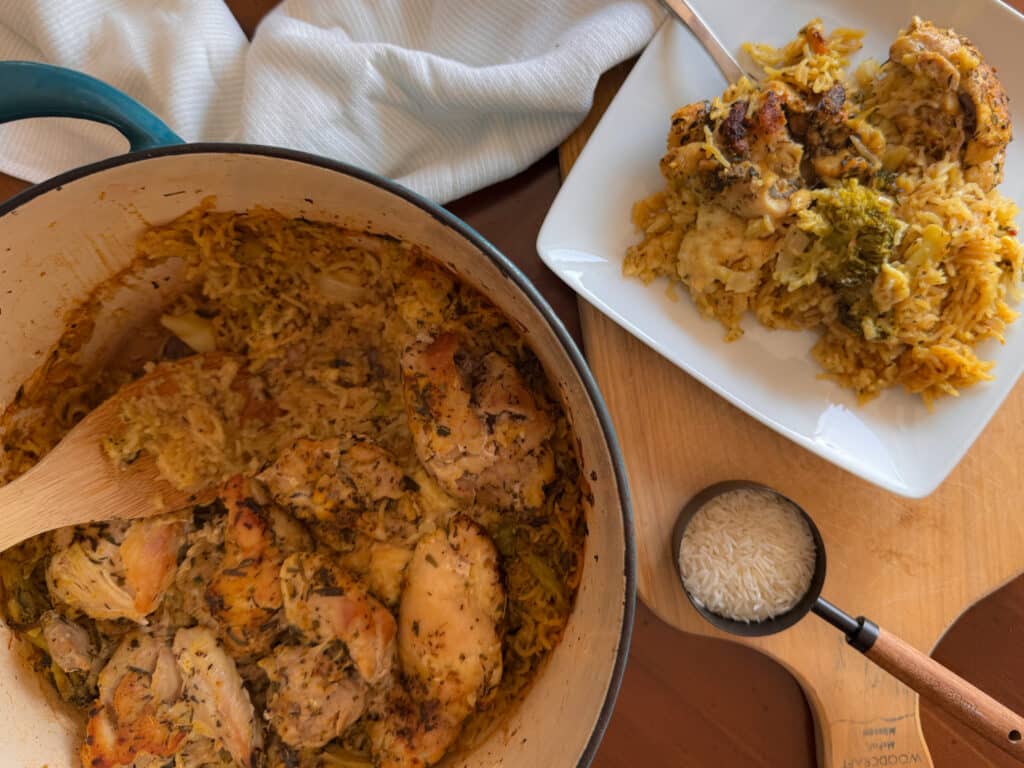 Cheesy Chicken Broccoli and Rice Overhead Shot