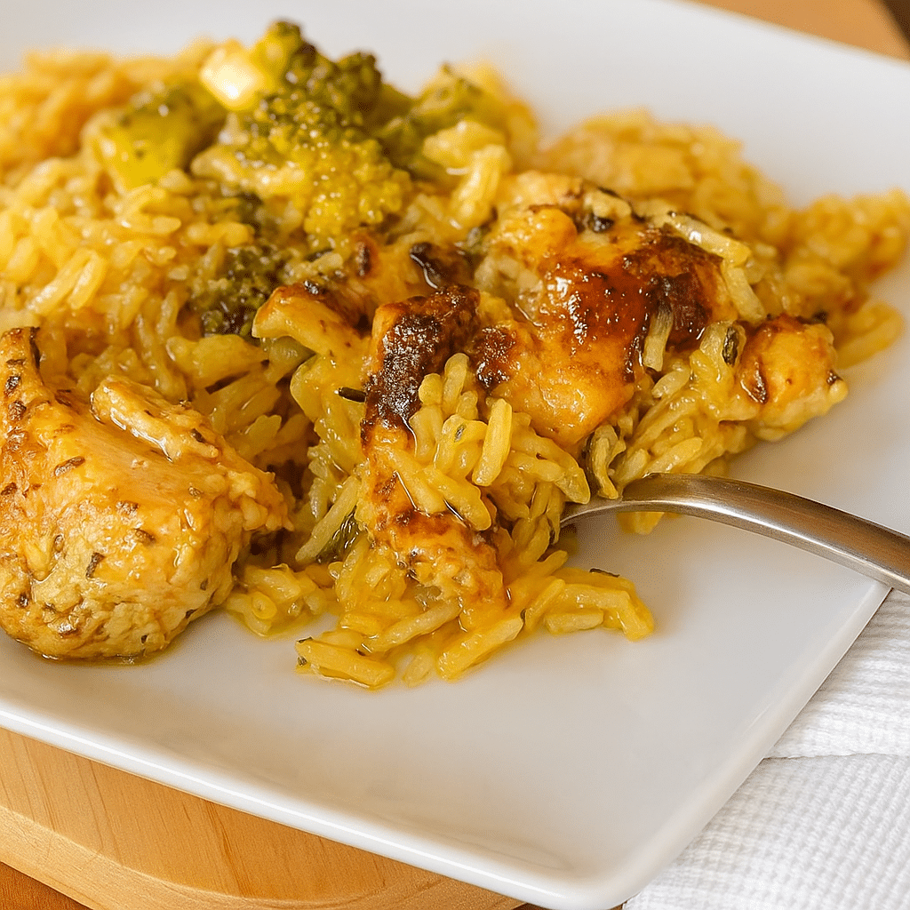 Chicken and Rice Skillet With Broccoli On White Plate