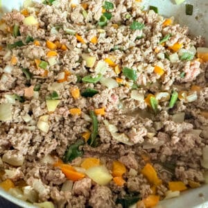 Browned Ground Beef, Peppers and Onions in Skillet