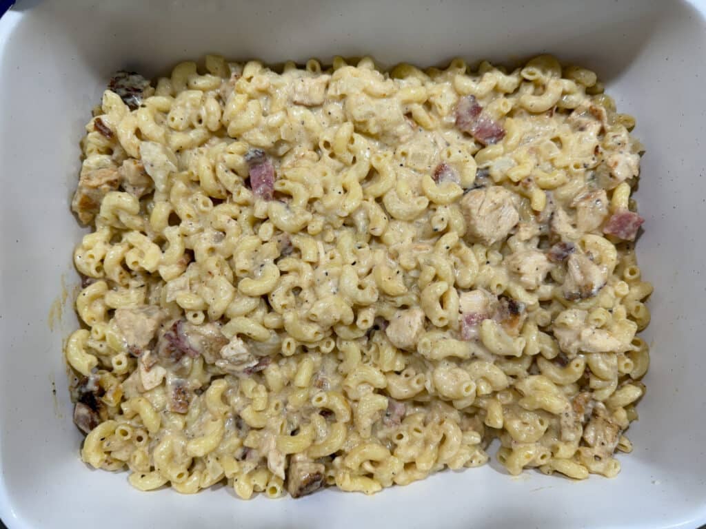 Macaroni, Chicken and Bacon in the Bottom of a Casserole Dish