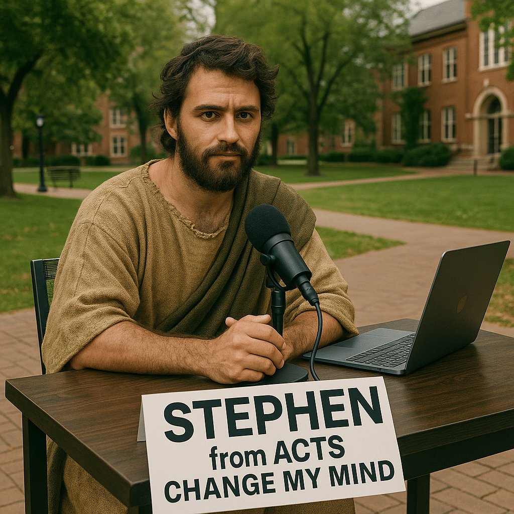 Stephen From Acts Sitting at a Table with A Microphone Like Charlie Kirk Did