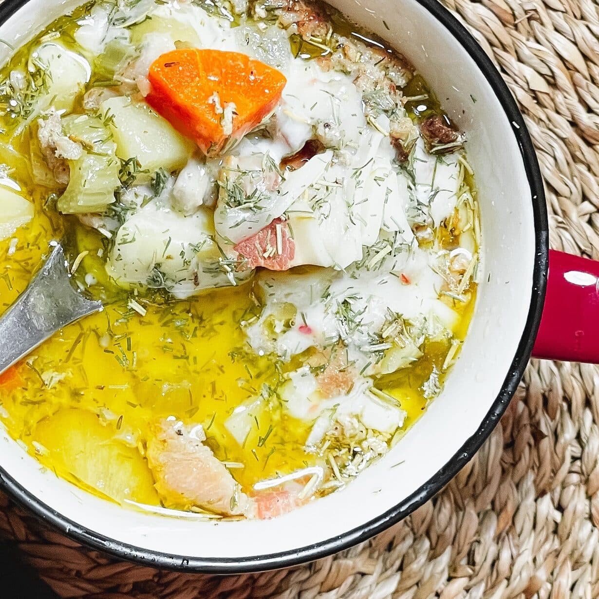 Loaded Potato Soup Served in a Red Crock