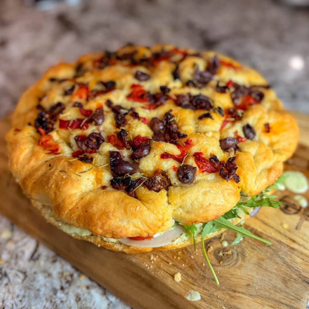 Slicing Turkey Foccacia Sandwich in to Squares