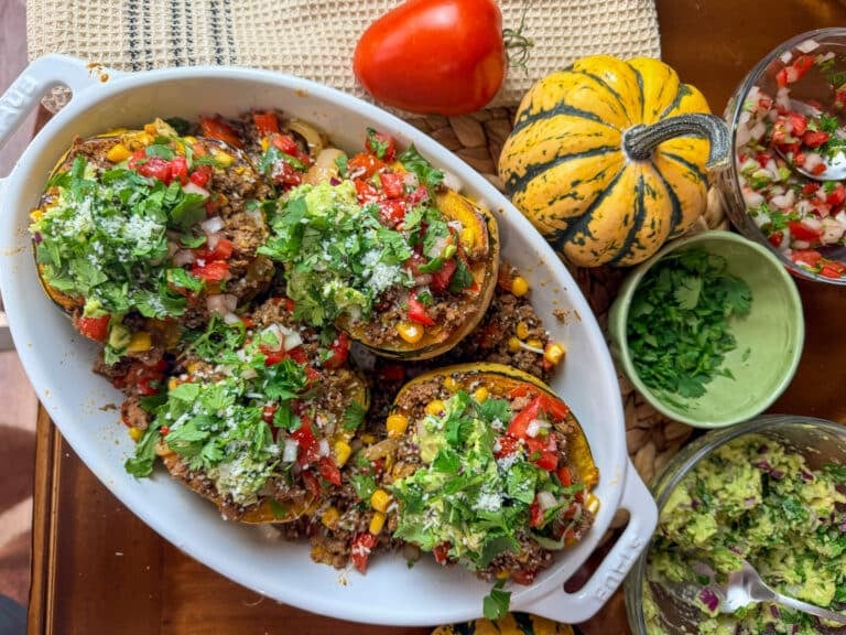Taco Stuffed Acorn Squash with Ground Beef, Corn, Guacamole, Pico De Gallo, Cotija and Fresh Cilantro