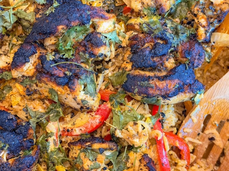 Close-up of Creamy Cajun Chicken and Rice with Bell Peppers Parmesan and Fresh Cilantro